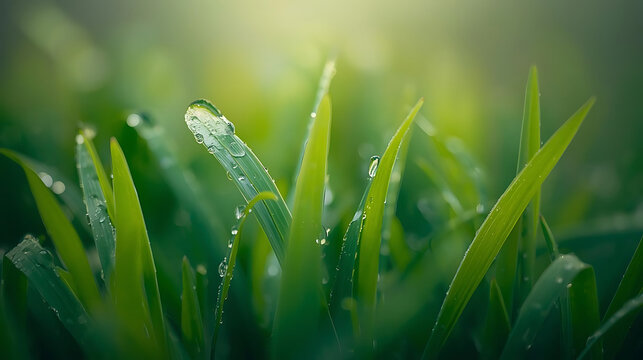 Dewdrops on lush green grass blades in soft sunlight