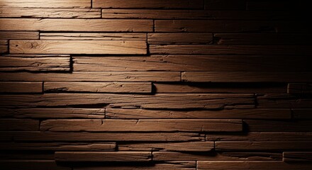 A closeup view of a rustic wooden wall, featuring textured planks with a rich, dark brown hue, illuminated by dramatic side lighting that creates deep shadows and highlights the natural grain