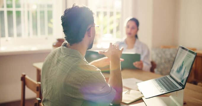 Man, team and laptop with discussion in home for KPI review, startup funding and remote work. Entrepreneur, partnership and tech screen with graphs for budget planning, competitor analysis and flare