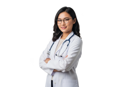 Professional asian female doctor wearing glasses and a white lab coat with a stethoscope around her neck arms crossed isolated on transparent background