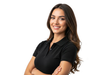 Smiling young woman with long wavy brown hair wearing a black polo shirt arms crossed isolated on transparent background