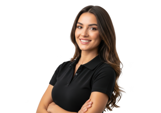 Smiling young woman with long wavy brown hair wearing a black polo shirt arms crossed isolated on transparent background
