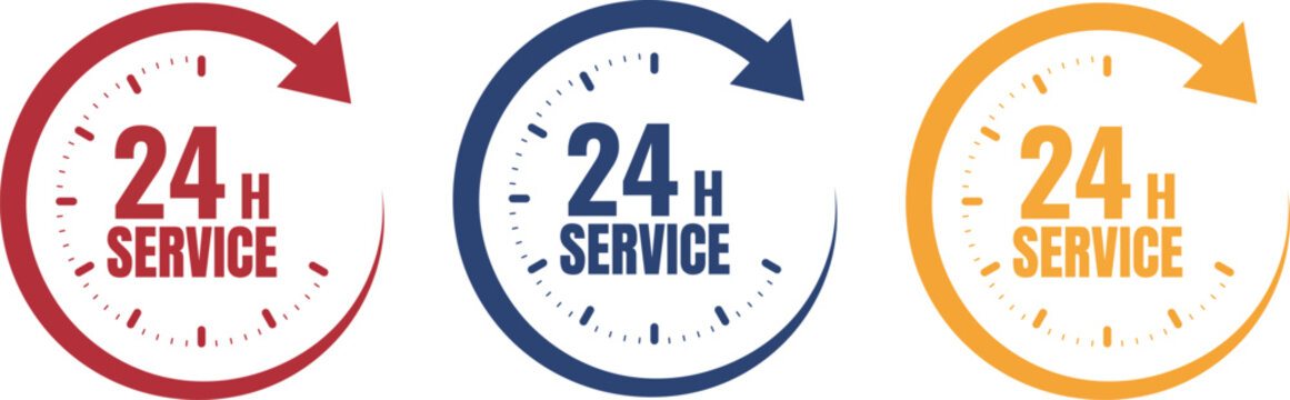 24 hours service icon set in red, blue, yellow
