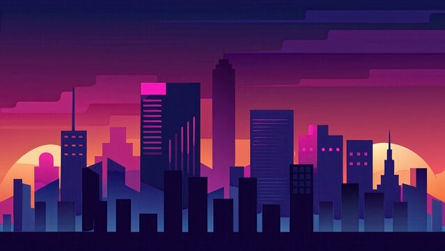 Stunning city skyline at sunset with vibrant colors, perfect for modern tech startup branding or dynamic urban development campaigns, a stylish cityscape vista