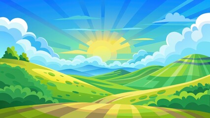 Obraz premium Vibrant rolling hills under a sunny sky bring a sense of peace and natural beauty, perfect for travel ads or promoting environmental awareness