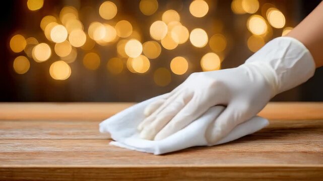 Hand wearing white glove wipes down a clean wooden surface in a softly lit room filled with warm bokeh lights during an evening cleaning session