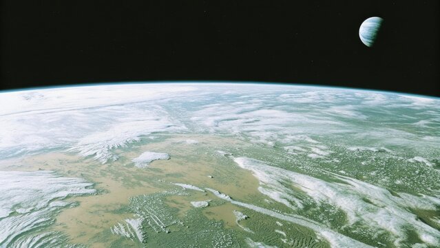 Breathtaking alien planet vista with another moon rising in the distance, showcasing vibrant colors and otherworldly landscapes for sci-fi projects