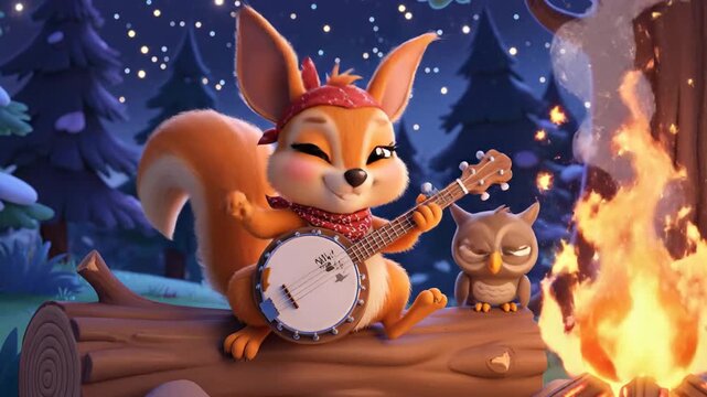 Cartoon squirrel playing banjo by campfire under starry night sky