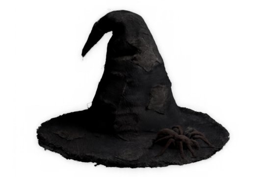 Black, tattered witch hat with a spider on its brim, creating a spooky, dark halloween costume or decoration element. Transparent background