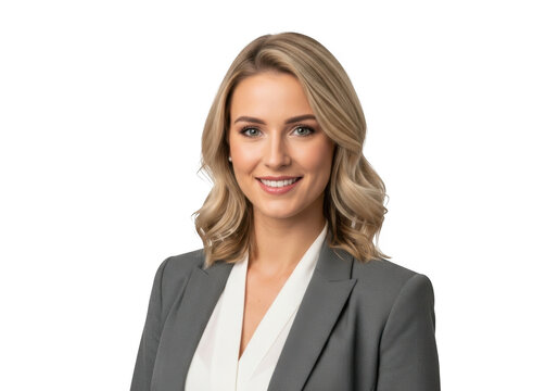 Professional blonde woman in a grey suit and white blouse smiling confidently isolated on transparent background - Powered by Adobe