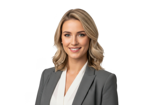Professional blonde woman in a grey suit and white blouse smiling confidently isolated on transparent background