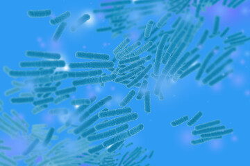 Microscopic rod-shaped bacteria floating in a blue environment, representing microbiology, infection research, biotechnology, and medical science studies. Microbiology, Biotechnology 3d image