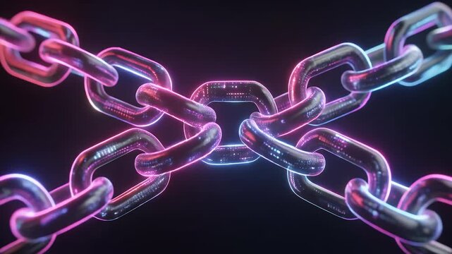 Digital neon chain links symbolizing blockchain technology and secure connection