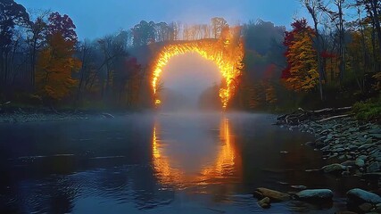 Morning fog drifts over a calm river as it parts into a soft glowing arch under autumn trees, with shimmering reflections in a wide UHD view suited for nature, wellness, or atmospheric storytelling.