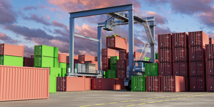 Container crane lifting cargo containers in a busy shipping yard at sunset, representing logistics, transportation, export, import and global trade operations. 3d image. - Powered by Adobe