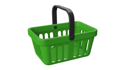 Fototapeta premium A vibrant green plastic shopping basket with a black handle, empty and ready for groceries, set against a solid transparent background. background removed