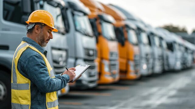 Logistics manager uses GPS application to monitor fleet vehicles at the depot during work hours checking their locations and statuses