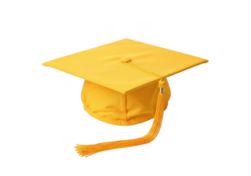 A bright yellow graduation cap with a dangling tassel rests on a plain surface symbolizing academic achievement and the culmination of educational pursuits isolated on transparent background