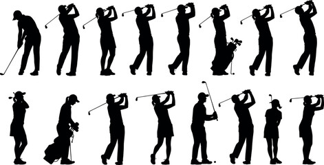 Silhouette of a golfer in various stages of the swing from tee off to follow through
