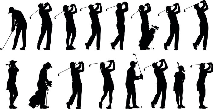 Silhouette of a golfer in various stages of the swing from tee off to follow through