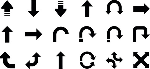Collection of diverse black directional arrows and symbols on a white background for navigation and design