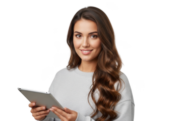 Young woman with long wavy brown hair smiling holding a digital tablet device in her hands isolated on transparent background