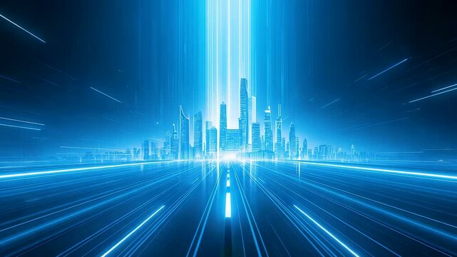 Glowing Cyber City at Night with Neon Light Beam and Digital Grid Horizon