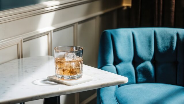 Elegant whiskey drink on marble table with stylish blue chair, perfect for upscale bar promotions and sophisticated cocktail menus, refined relaxation