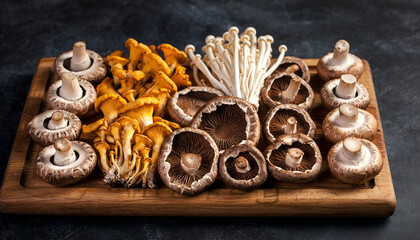 Fototapeta premium Assortment of Fresh Raw Mushrooms Including White Button Chanterelle and Enoki Varieties Arranged Artfully on a Wooden Cutting Board with Dark Textured Background and Soft Studio Lighting