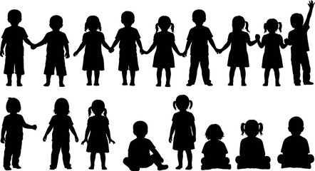 Diverse group of children holding hands in a line and sitting together in silhouette