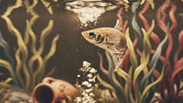 Colorful fish swimming in aquarium with decorative plants and pebbles