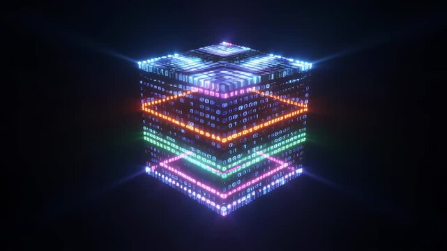 Futuristic glowing cube structure displaying binary code technology concept loop