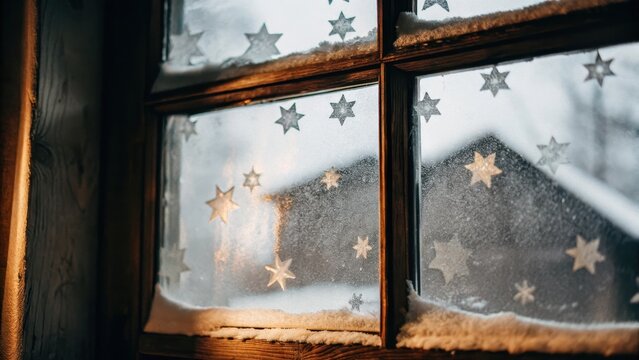 Cozy winter window scene with delicate star decorations and fresh snow, perfect for holiday greetings and festive season promotions