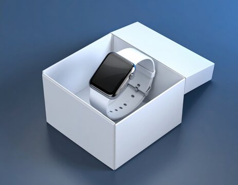 Smartwatch in a white box on a blue background
