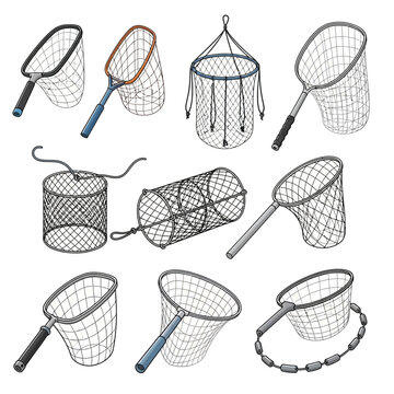 "Fishing Net Vector Set &ndash; Landing Nets, Mesh Baskets, and Angler Catching Equipment Illustrations"