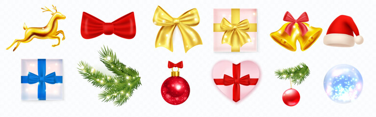 Bright Christmas decoration set with bows, gifts, bells, fir branches, ornaments, Santa hat, and glowing sphere. Perfect festive clipart for holiday design, cards, banners, and deco