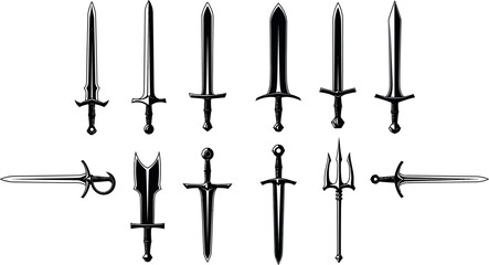 Collection of diverse medieval and fantasy swords displayed in a stylized black and white illustration