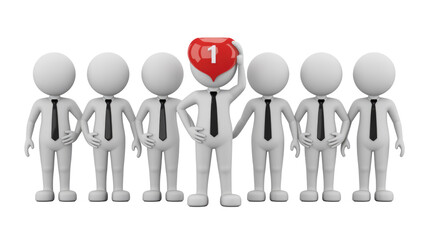 A 3D stick figure with a red '1' heart stands out among a line of identical white figures, symbolizing uniqueness and leadership. background removed