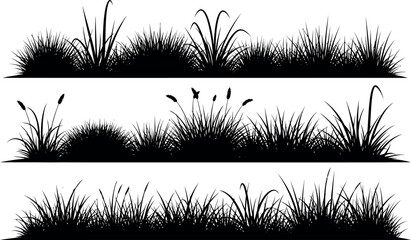 Collection of three black silhouette illustrations of tall grass and reeds against a white background