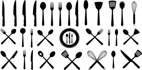 Collection of hand drawn black silhouette kitchen utensils and cutlery on white background