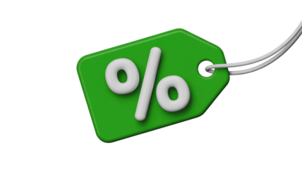 A vibrant 3D green price tag with a white percentage symbol, signifying discounts, sales, and special offers. Ideal for marketing and promotions. background removed