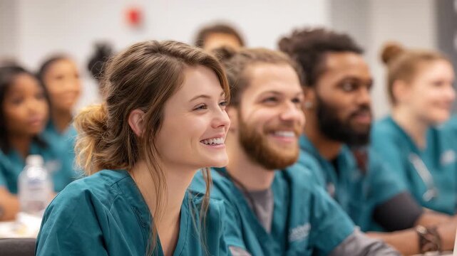 Diverse nursing students engaging in a classroom setting while learning essential skills for their future careers