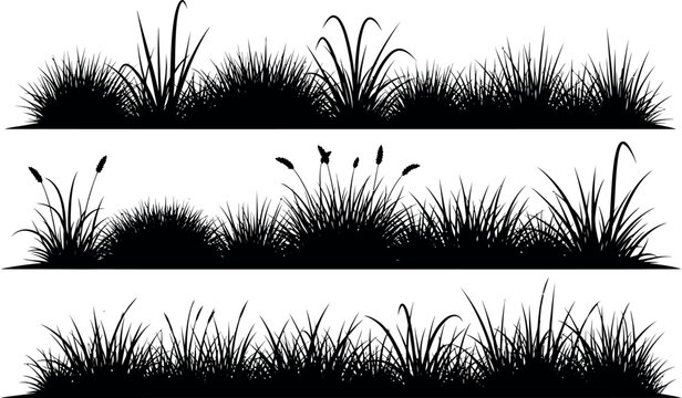 Collection of three black silhouette illustrations of tall grass and reeds against a white background
