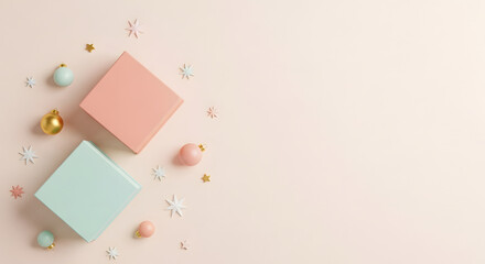 Minimal Christmas Flatlay with Pastel Gift Boxes and Ornaments 3D Render Winter Holiday Decoration Background with Copy Space