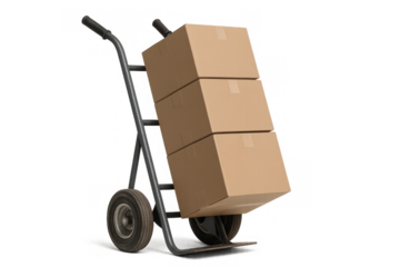 Hand truck carrying stack of brown cardboard boxes, representing moving, delivery, and shipping logistics with transparent background