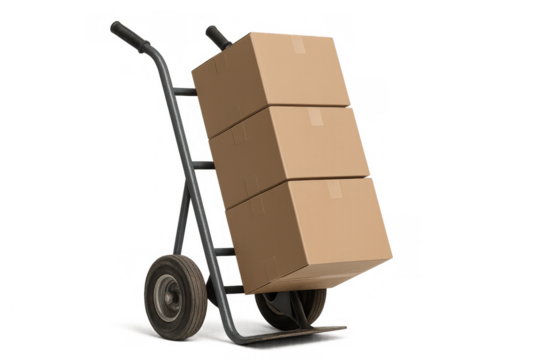 Hand truck carrying stack of brown cardboard boxes, representing moving, delivery, and shipping logistics with transparent background