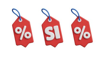 Three vibrant 3D red price tags featuring percentage and 'SI' symbols, perfect for sales, discounts, and promotional visuals. background removed