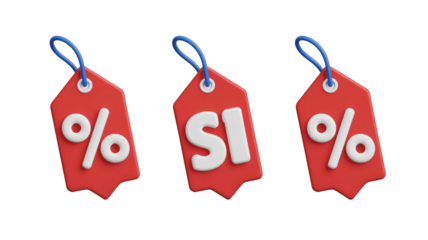 Three vibrant 3D red price tags featuring percentage and 'SI' symbols, perfect for sales, discounts, and promotional visuals. background removed