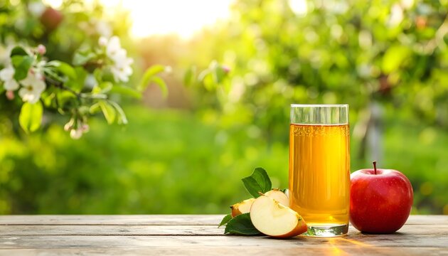 Glass of apple juice with whole and sliced apples on wood, orchard background glowing with warm sunlight.