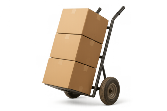 Delivery boxes stacked on a hand truck, moving packages, shipping items, or relocating goods, transparent background